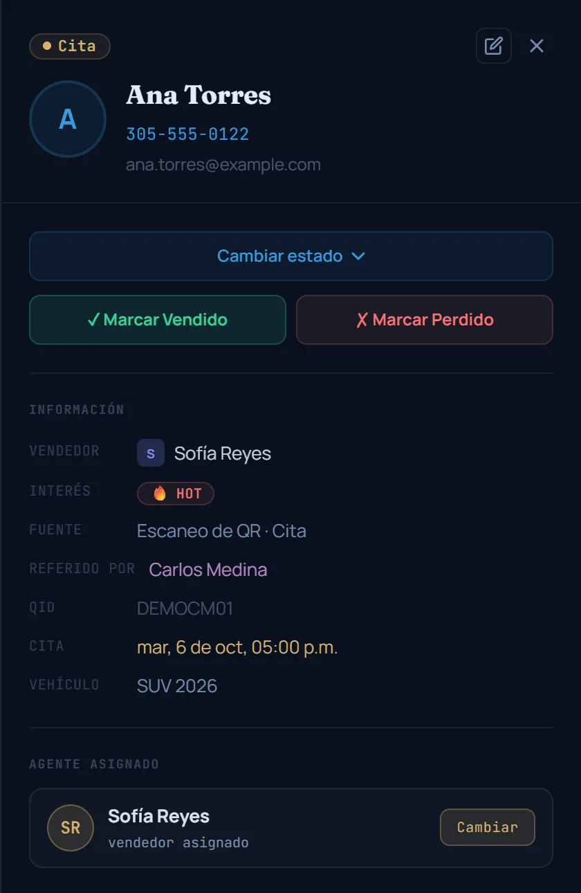 Pantalla real: la ficha de un lead, donde se lee qué cliente lo refirió y qué vendedor lo atiende