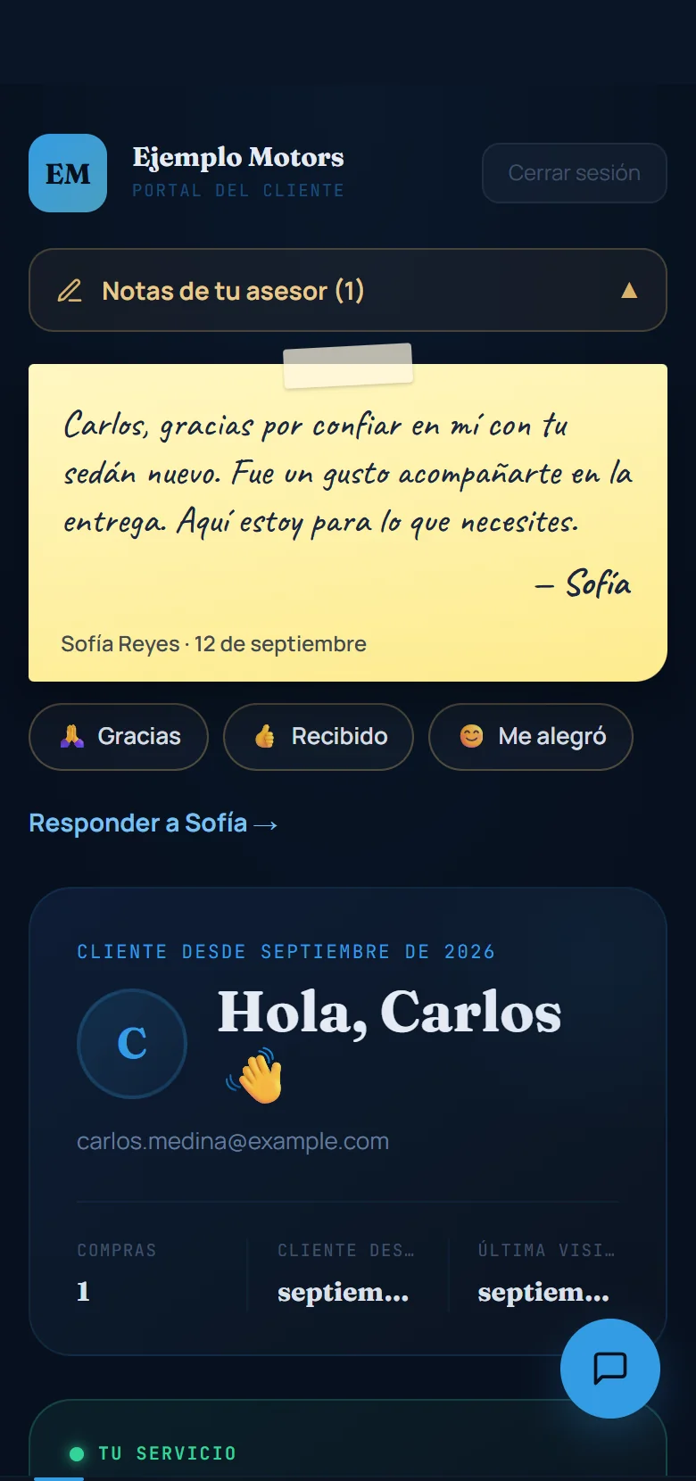 Pantalla real: el portal del cliente con una nota de su asesora