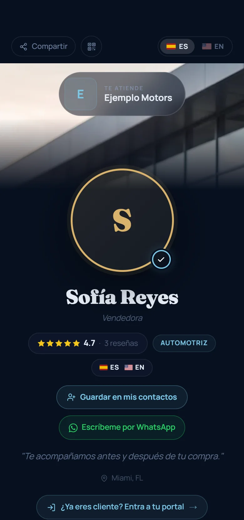 Pantalla real: la tarjeta digital de una persona del equipo